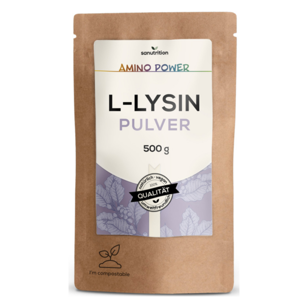 Verpackung von L-Lysin Pulver in einem braunen, kompostierbaren Beutel mit einer Grafik und einem Qualitätssiegel.