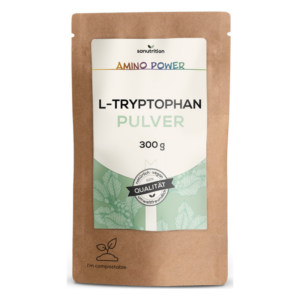 Verpackung von L-Tryptophan Pulver in einem braunen, kompostierbaren Beutel mit Pflanzendesign.