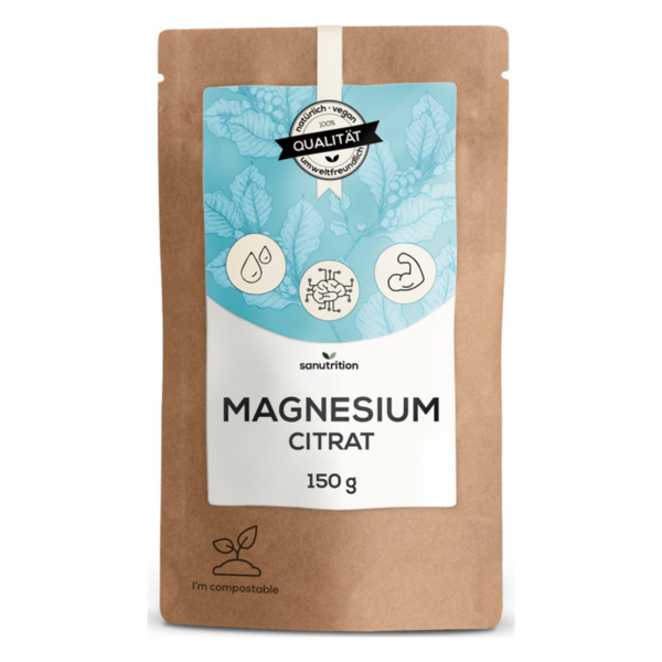 Verpackung von sanutrition Magnesiumcitrat in einem braunen Papierbeutel mit blauer Grafik und veganem Symbol.