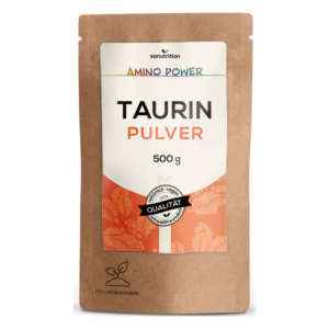 Papiertüte mit Taurin-Pulver, 500 g, umweltfreundlich, vegane Qualität, in hellen Farben mit Pflanzenmuster.