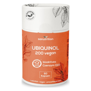 Runde, plastikfreie Dose mit oranger Verpackung, beschriftet mit 'UBIQUINOL 200 vegan', enthält 60 Kapseln.