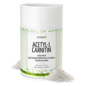 Dose mit Acetyl-L-Carnitin, unterstützt den Energiestoffwechsel von Gehirn und Nervenzellen, Pulver daneben.