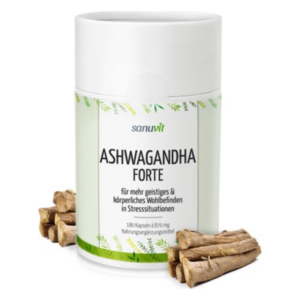 Verpackung von sanuvit Ashwagandha Forte in einer weißen Dose mit pflanzlichem Design und Wurzeln im Vordergrund.