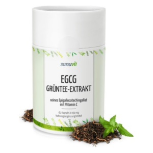 Dose mit EGCG Grüntee-Extrakt, enthält 60 Kapseln, Abbildung von Teeblättern und frischer Minze.