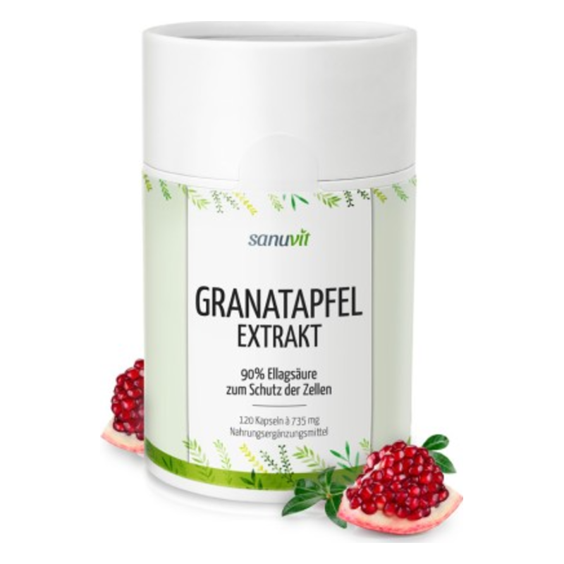 Dose mit Granatapfel-Extrakt, kennzeichnet 90% Ellagsäure, umgeben von Granatapfelteilen und grünen Blättern.