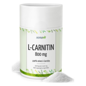 Dosenpackung mit 180 Kapseln L-Carnitin, 800 mg, auf grünem Hintergrund mit Pflanzenmotiven.