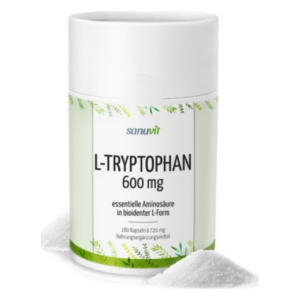 Dose mit L-Tryptophan, 600 mg, enthält 180 Kapseln in bioidentischer L-Form und eine Menge Pulver daneben.
