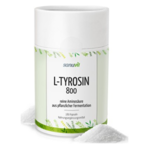 Weißer Behälter mit Deckel und grünem Etikett, L-Tyrosin 800, Nahrungsergänzungsmittel, umgeben von Kapseln.