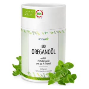 Weißer Behälter mit grünem Etikett, der Bio-Oreganoöl-Kapseln beinhaltet, umgeben von frischen Oregano-Blättern.