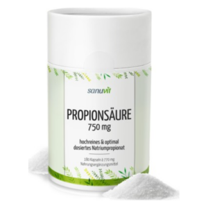 Dose mit Propionsäure in Kapseln, auf dem Etikett steht „hochreines & optimal dosiertes Natriumpropionat“.