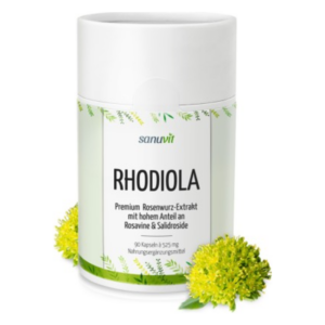 Dose mit Premium Rosenwurz-Extrakt, für Nahrungsergänzung, umgeben von gelben Pflanzenmotiven.