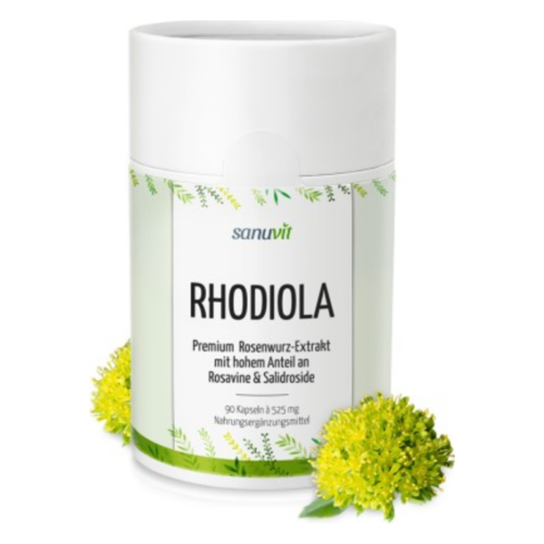 Dose mit Premium Rosenwurz-Extrakt, für Nahrungsergänzung, umgeben von gelben Pflanzenmotiven.