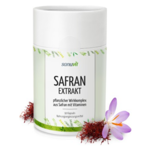 Behälter mit Safranextrakt, umgeben von Safranfäden und einer lila Blüte, mit Beschriftung und Pflanzenmotiven.