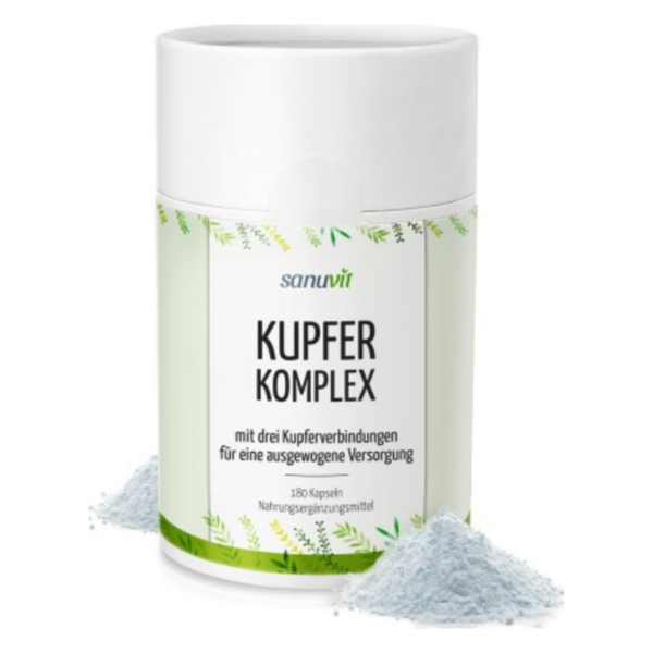 Behälter mit Kupferkomplex-Kapseln und einem kleinen Haufen feinem Pulver daneben, mit Pflanzenmotiven.