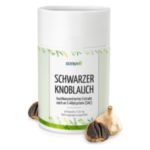 Weißes Röhrchen mit Aufschrift "Schwarzer Knoblauch", umgeben von frischen Knoblauchzehen, Nahrungsergänzungsmittel.