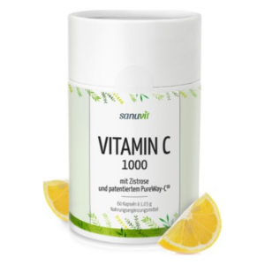 Weißer Behälter mit grünem Etikett für Vitamin C 1000, umgeben von Zitrone und Pflanzenmotiven.
