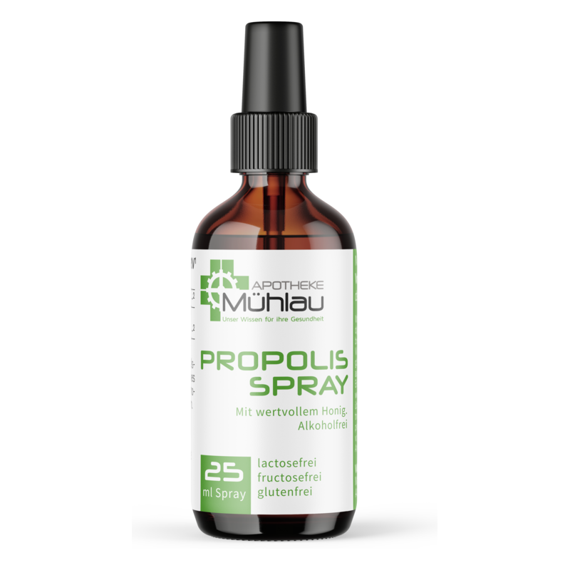 Braune Glasflasche mit Sprühkopf, gefüllt mit Propolis Spray, etikettiert als lactosefrei und glutenfrei, 25 ml.