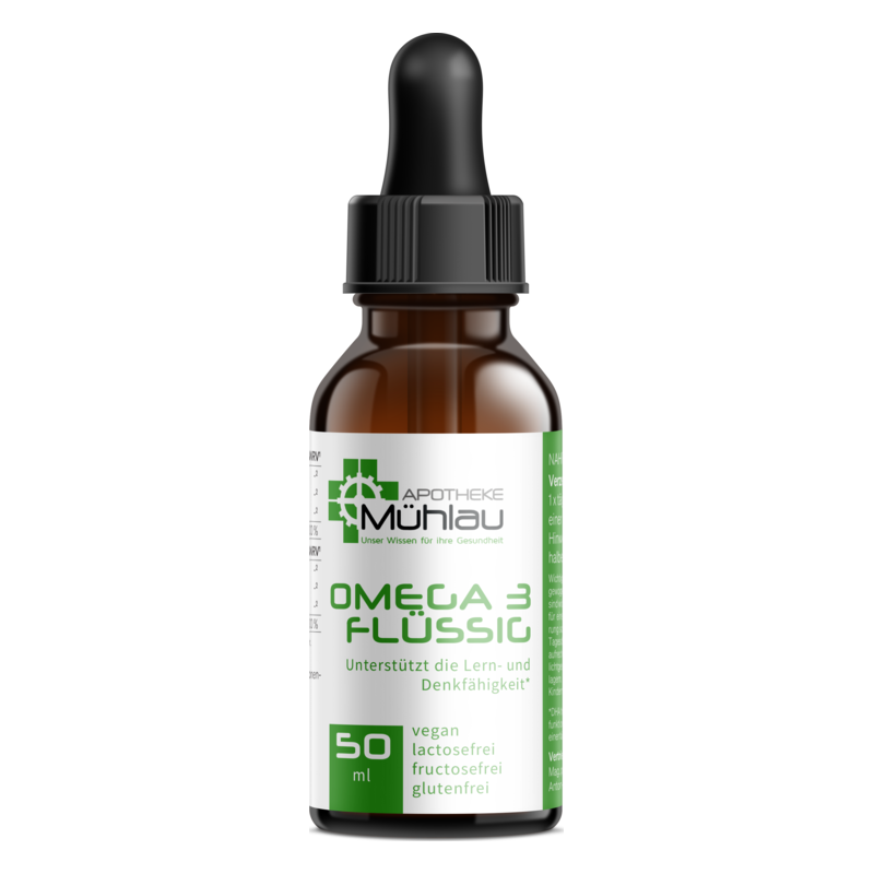 Braune Flasche mit Pipette, beschriftet mit "Omega 3 Flüssig", unterstützt die Lern- und Denkfähigkeit, 50 ml.