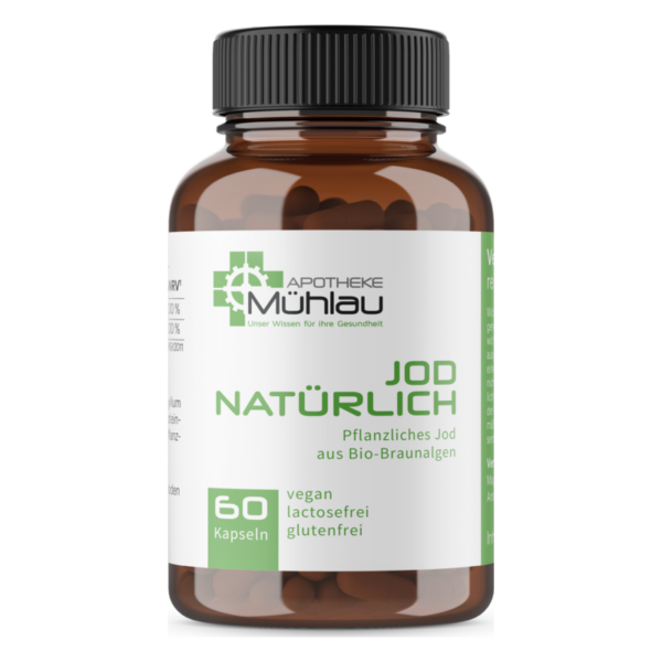 Braune Kapselpackung mit natürlichem Jod aus Bio-Braunalgen, vegan und glutenfrei.