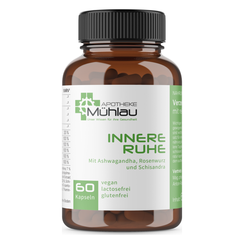 Braune Kapselflasche mit grüner Beschriftung und dem Namen "Innere Ruhe", enthält Inhaltsstoffe wie Ashwagandha und Rosenwurz.