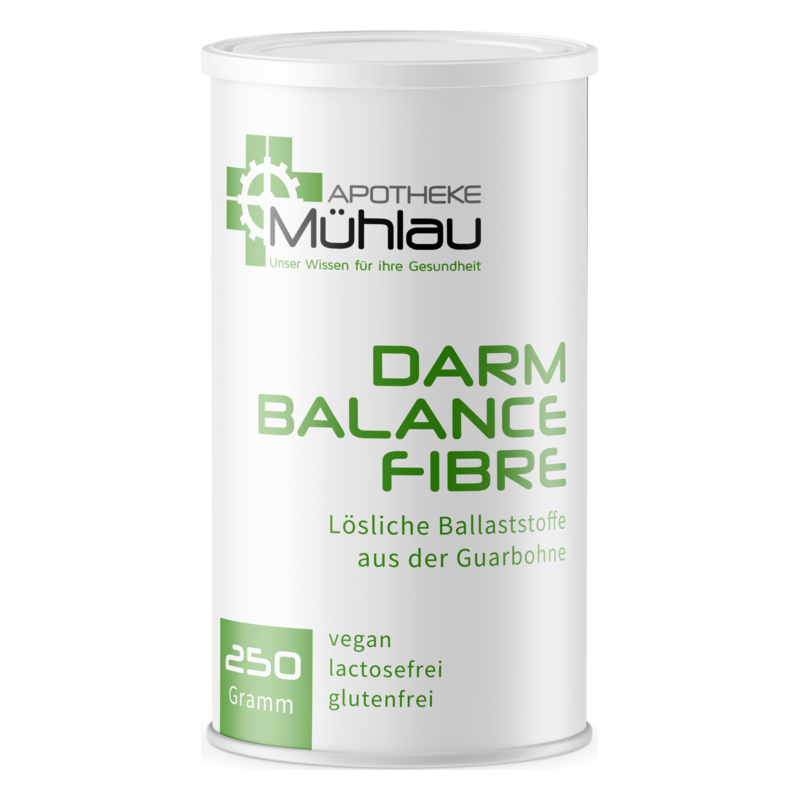 2392 700285 Darm Balance Fibre.png Runde Dose mit löslichen Ballaststoffen aus der Guarbohne, etikettiert als Darm Balance Fibre, vegan, laktosefrei, glutenfrei.