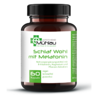 Braune Flasche mit schwarzem Deckel, enthält Kapseln für Schlafunterstützung mit Melatonin und B-Vitaminen, laktose- und glutenfrei.