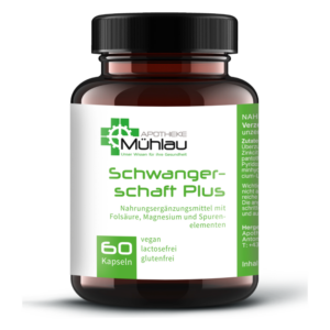 Braunes Glasgefäß mit schwarzem Deckel, enthält vegane Kapseln mit Nährstoffen für Schwangere.