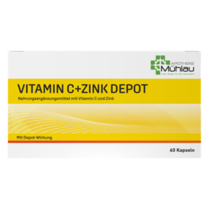 Verpackung des Nahrungsergänzungsmittels Vitamin C+Zink Depot in einer gelben Schachtel mit 60 Kapseln.