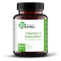 Braunes Glasgefäß mit schwarzem Deckel, gefüllt mit Vitamin C Kapseln, etikettiert als vegan, laktosefrei und glutenfrei.
