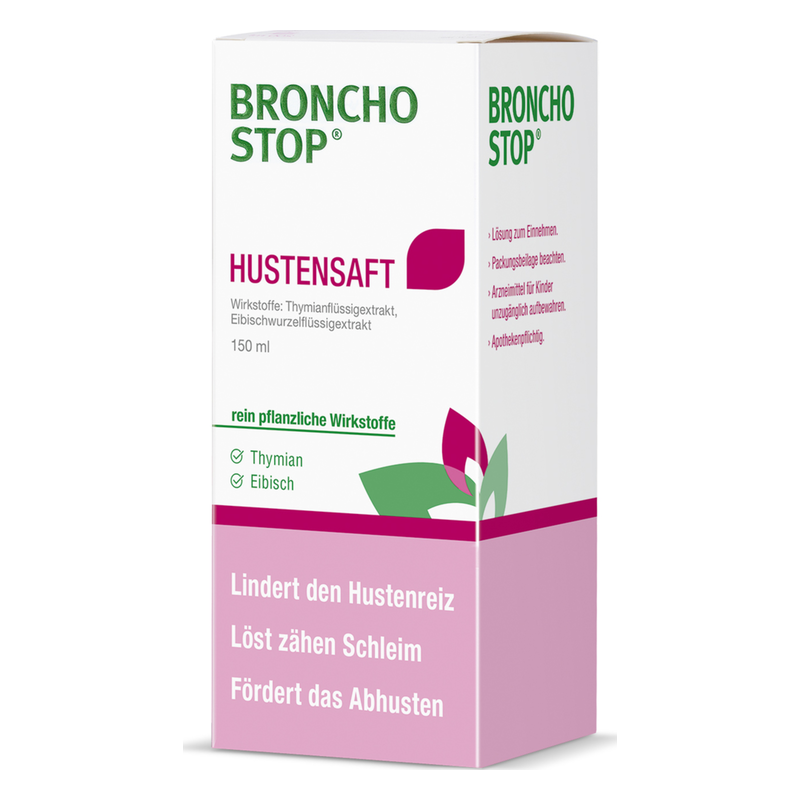 Verpackung des Broncho Stop Hustensaft mit pflanzlichen Wirkstoffen wie Thymian und Eibisch, 150 ml.