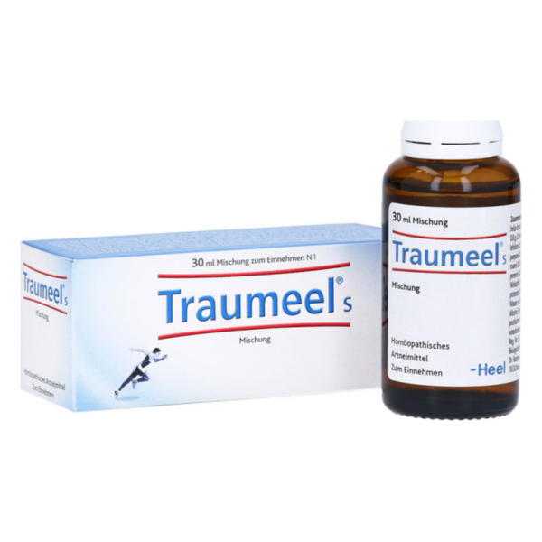 Braune Flasche mit homöopathischem Mittel Traumeel s, verpackt in einer blauen Schachtel mit weißen und roten Schriftzügen.
