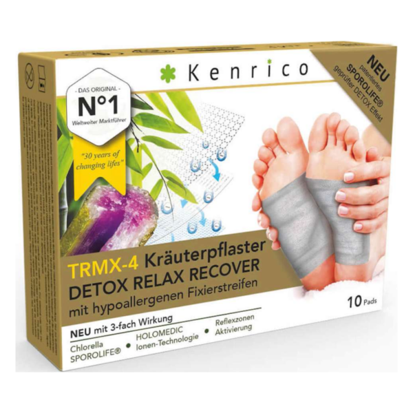 Verpackung von Kenrico TRMX-4 Kräuterpflastern für Detox mit hypoallergenen Fixierstreifen und Bildern von Füßen.