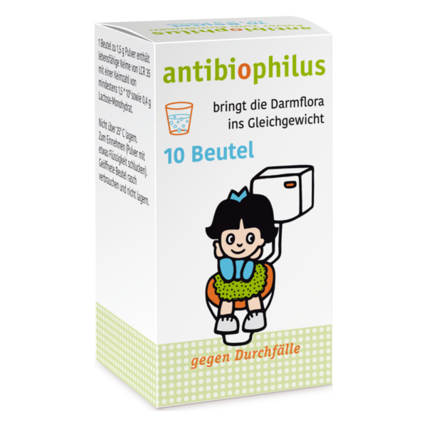 Verpackung für ein Präparat zur Unterstützung der Darmflora, abgebildet mit einem Cartoon-Mädchen auf einer Toilette.