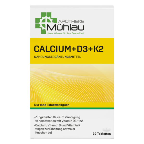 Packung mit Calcium, D3 und K2 Nahrungsergänzungsmittel, weiß mit gelber und grüner Schrift.
