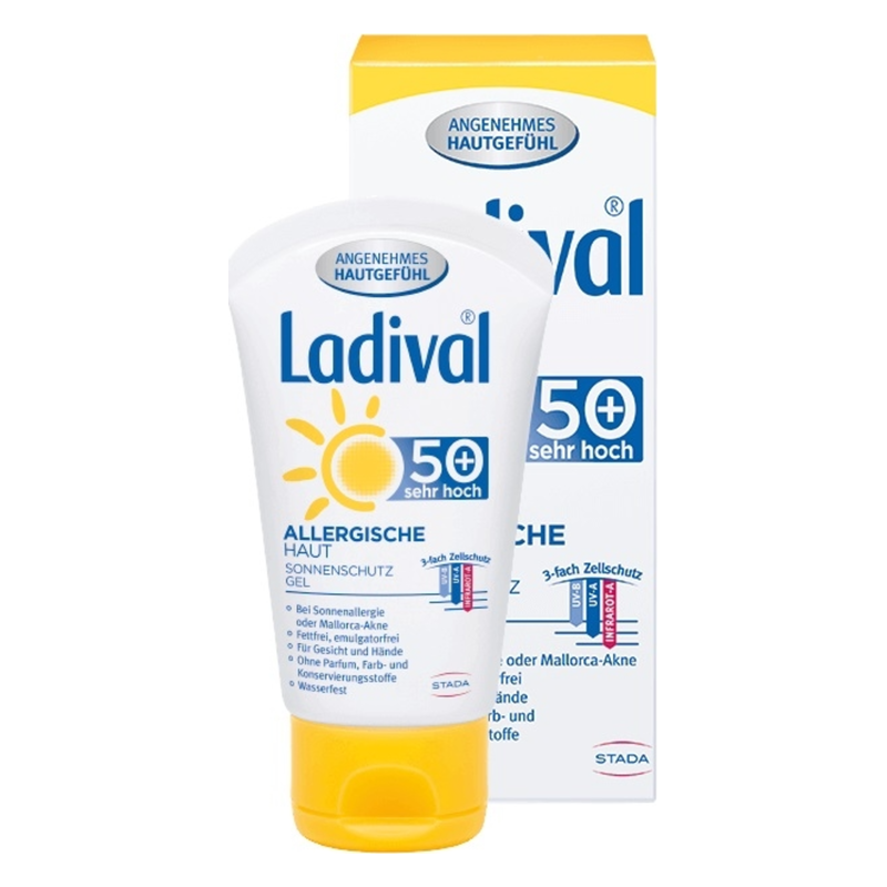 Sonnenschutzgel für allergische Haut in einer weißen Tube mit gelber Kappe, verpackt in einer entsprechenden Schachtel.