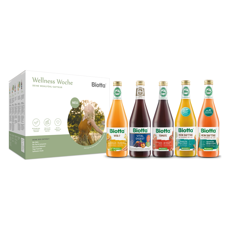 Verpackung „Wellness Woche“ von Biotta mit fünf verschiedenen Saftflaschen und einem Bild von einer Frau in der Natur.