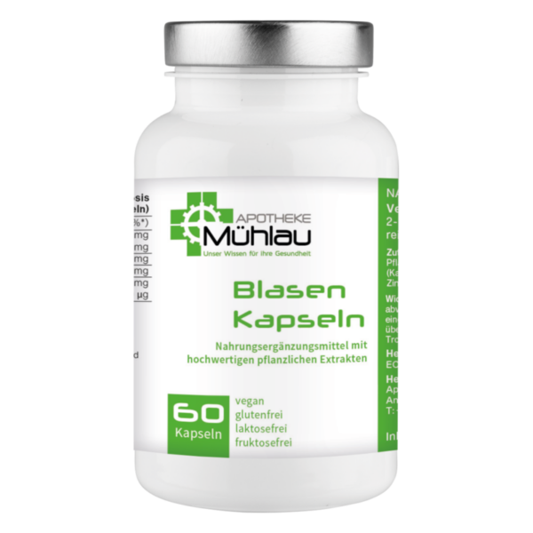 Weißes Fläschchen mit einem silbernen Deckel, enthält Blasen Kapseln, vegan und frei von Gluten und Laktose.