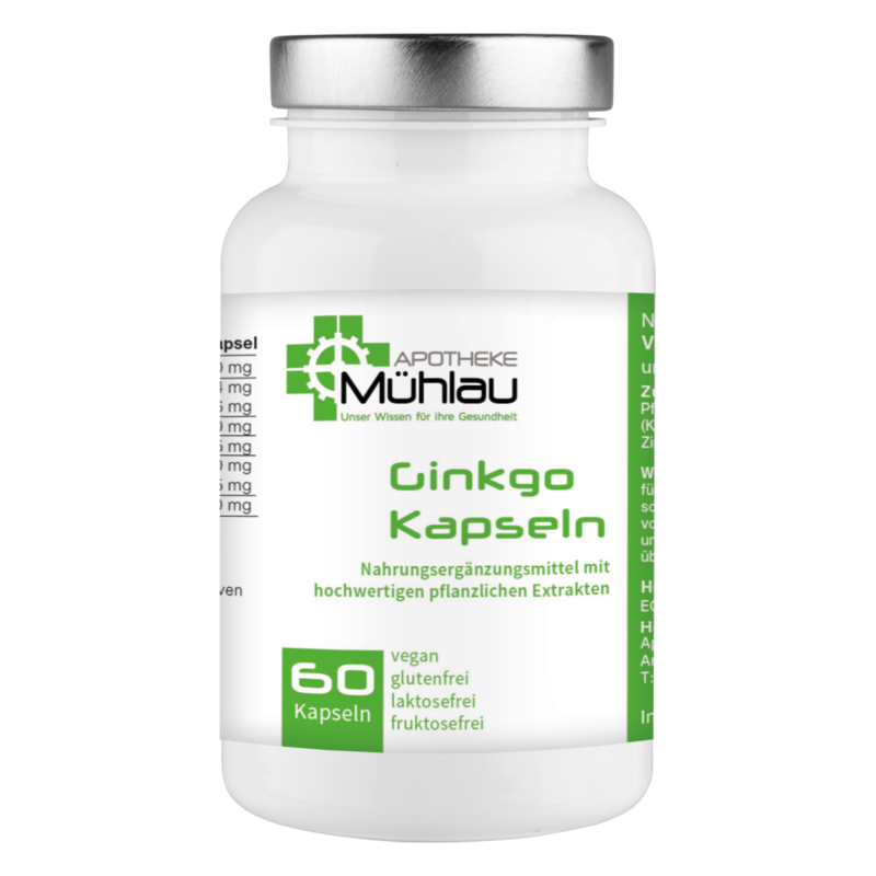 Weißes Fläschchen mit Ginkgo-Kapseln, vegan, gluten- und laktosefrei, mit grüner Beschriftung.