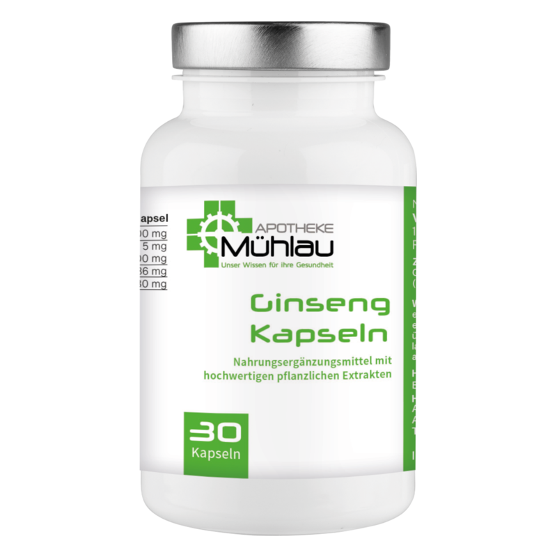 Weißes Fläschchen mit Ginseng-Kapseln, etikettiert mit Dosierung und Inhaltsangaben. Enthält 30 Kapseln.