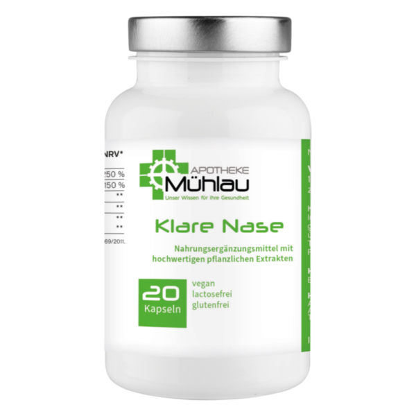 Weißes Fläschchen mit Schraubverschluss, enthält Nahrungsergänzungsmittel für die Nasengesundheit, vegan, glutenfrei.