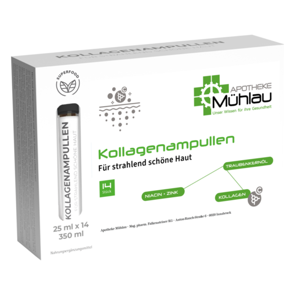 Verpackung von Kollagenampullen, 25 ml pro Ampulle, für strahlend schöne Haut, mit Inhaltsstoffen wie Niacin und Zink.