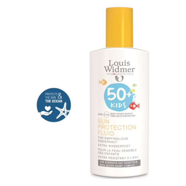 Sonnencreme für Kinder mit Schutzfaktor 50+, wasserfest, in weißer Flasche mit gelbem Deckel und farbigen Meeresmotiven.