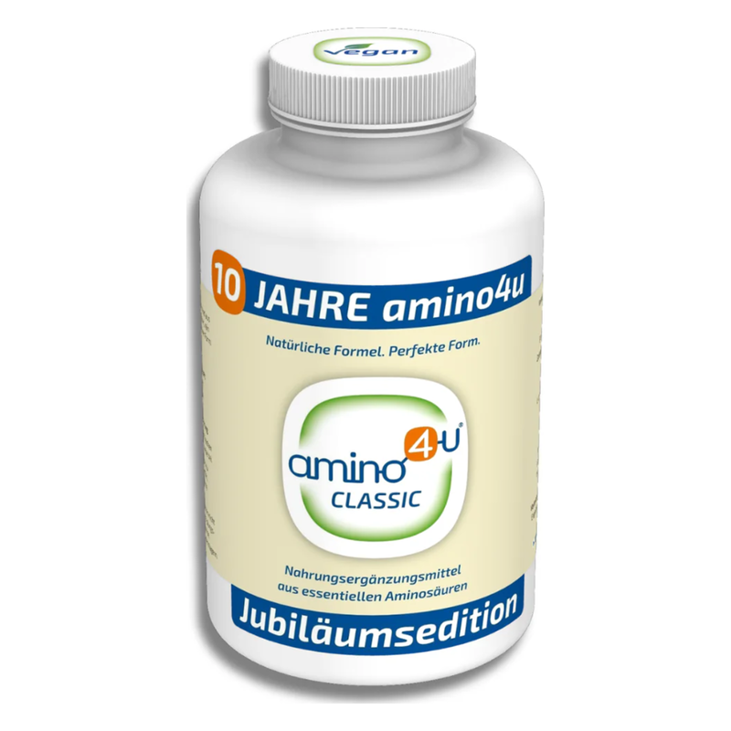 Runde Flasche mit weißem Deckel, enthält Jubiläumsedition von Aminosäuren-Nahrungsergänzungsmittel, vegan, klassische Formel.