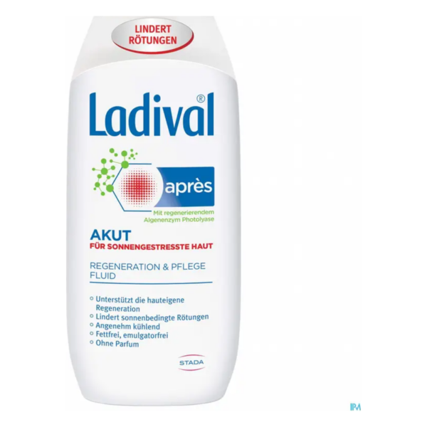 Flasche mit regenerierendem Pflegefluid für sonnenstrapazierte Haut, ohne Duftstoffe, mit grünem Logo und roten Aufdruck.