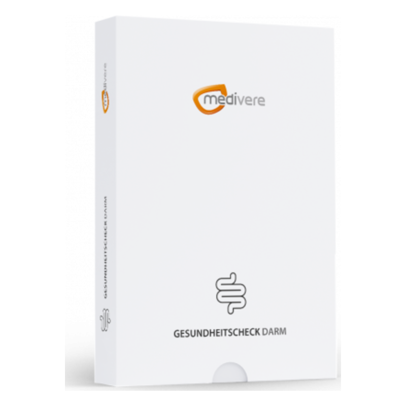 Weißer Karton mit Aufdruck "Gesundheitscheck Darm" und Logo von medivere, schlichter und moderner Verpackungsstil.