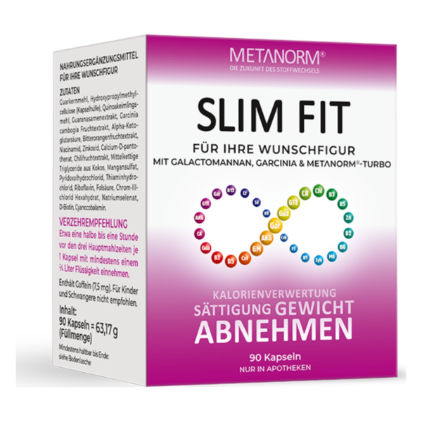 Schachtel mit 90 Kapseln von Metanorm Slim Fit zur Gewichtsreduktion, beschriftet mit Zutaten und Anwendungshinweisen.