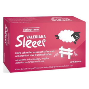 Verpackung von VALERIANA Sleeep mit einem Schaf-Symbol und Informationen zur Unterstützung des Schlafs.