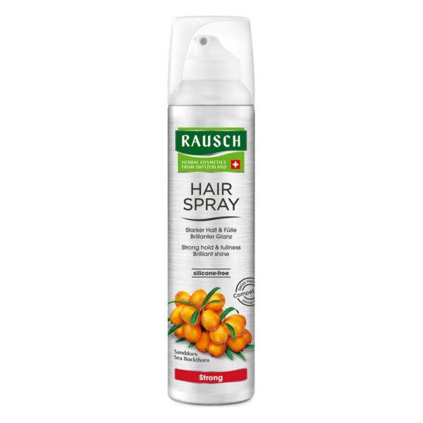 Haarspray-Flasche von Rausch mit silberner Verpackung und grünem Etikett, für starken Halt und Glanz.