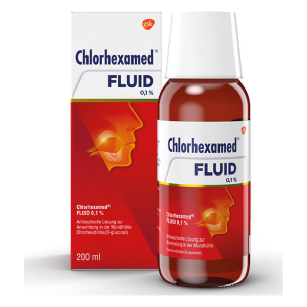 Flasche mit Chlorhexamed Fluid 0,1% in einem Karton, verwendet zur antiseptischen Mundspülung.