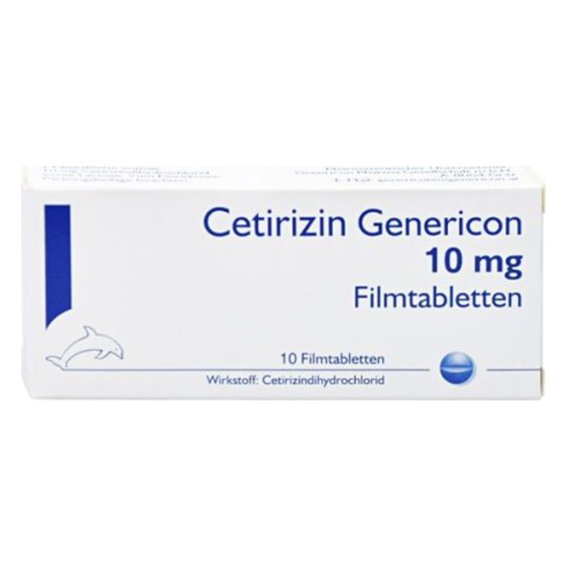 Verpackung von Cetirizin Genericon, 10 mg Filmtabletten, mit blauer Schrift und Delfinlogo.